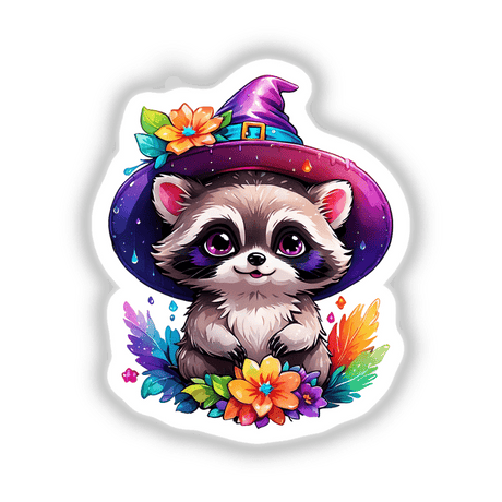 Tiny raccoon Witch cartoon, featuring a raccoon in a hat holding a flower, available as stickers or digital artwork.