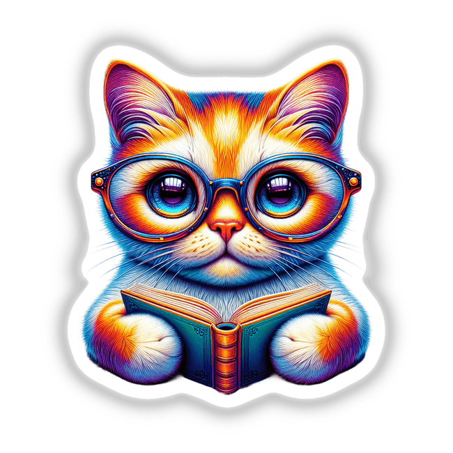 Cat With Reading Glasses Open Book: A whimsical depiction of a cat wearing glasses intently reading a book, available as stickers or digital artwork from Decal Venue.