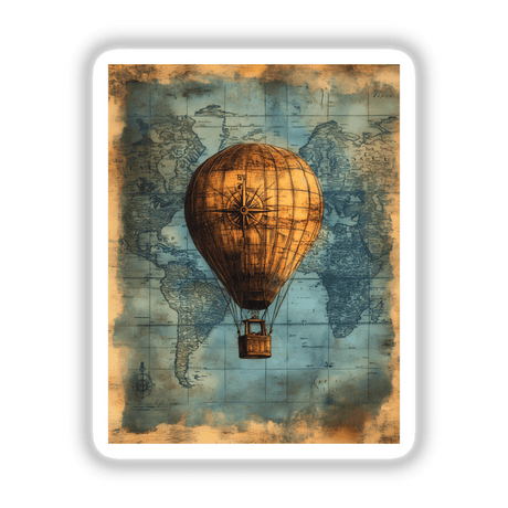 Hot Air Balloon on Vintage World Map: A detailed image of a hot air balloon overlayed on a vintage world map, featuring a compass motif. Available as stickers or digital artwork.