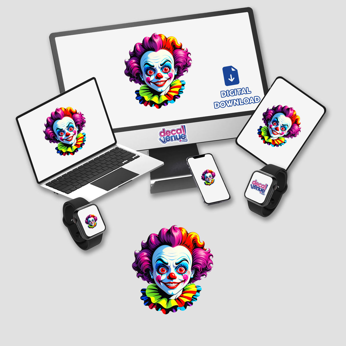 Crazy Clown Girl digital art features clown faces on a monitor, laptop, and smartwatch, ideal for stickers or artwork from Decal Venue's unique collection.