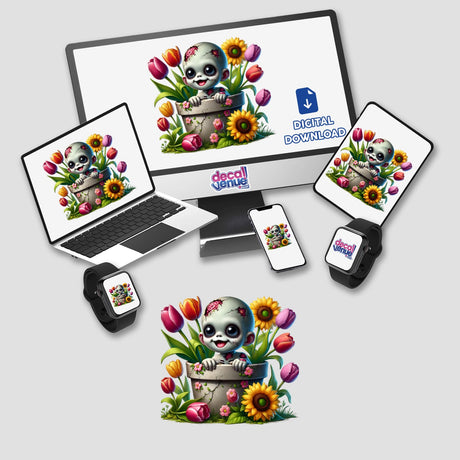 Zombie Peeking Out of Flower Pot digital artwork displayed on a computer monitor and laptop, featuring a cartoon zombie emerging from a flower pot. Available as stickers or digital artwork.