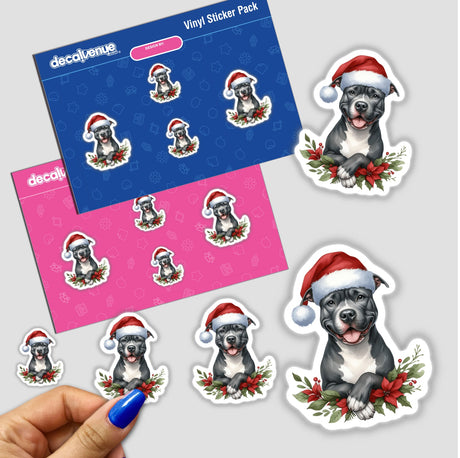 Poinsettia Pitbull Santa Dog stickers featuring cartoon dogs in Santa hats, perfect for holiday decoration. Available as stickers or digital artwork from Decal Venue's unique collection.