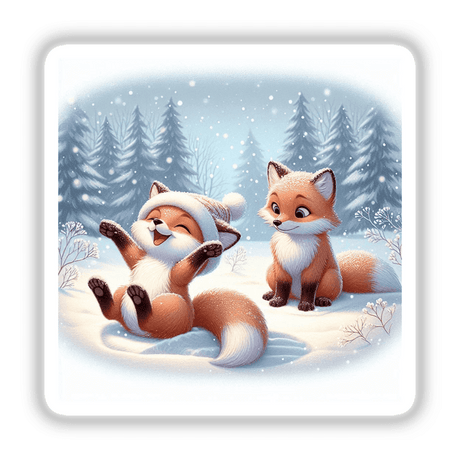 Two Foxes Playing in the snow, depicted in a charming cartoon style, available as stickers or digital artwork from Decal Venue, perfect for adding whimsy to your collection.