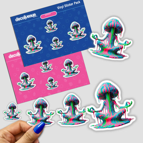 Hand holding a Psychedelic Zen Mushroom sticker, showcasing vibrant, dripping meditation design. Available as stickers or digital artwork from Decal Venue.