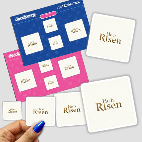 Christian Easter Sticker or Clipart with Commercial Rights - He Is Risen Design in a sticker pack held by a hand, emphasizing its use as stickers or digital artwork.