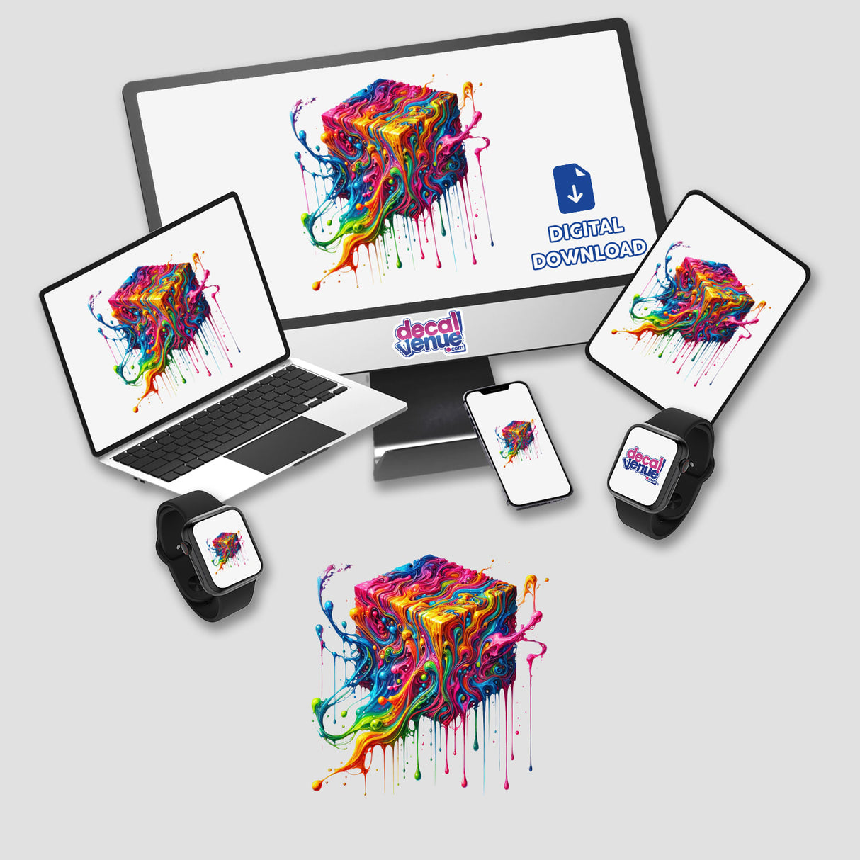 Rainbow Melting Cube Art - Psychedelic Dripping Abstract Geometric Shape displayed on a computer monitor and laptop, featuring vibrant, multicolored cubes available as unique stickers or digital artwork.