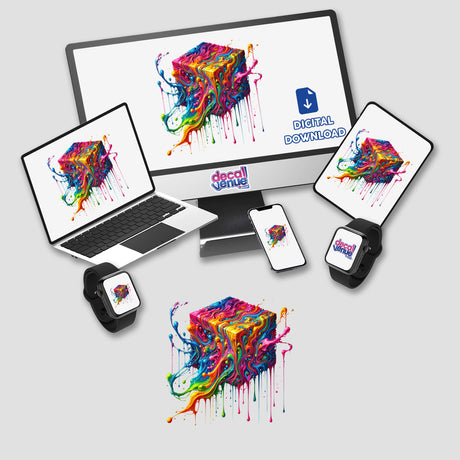 Rainbow Melting Cube Art - Psychedelic Dripping Abstract Geometric Shape displayed on a computer monitor and laptop, featuring vibrant, multicolored cubes available as unique stickers or digital artwork.