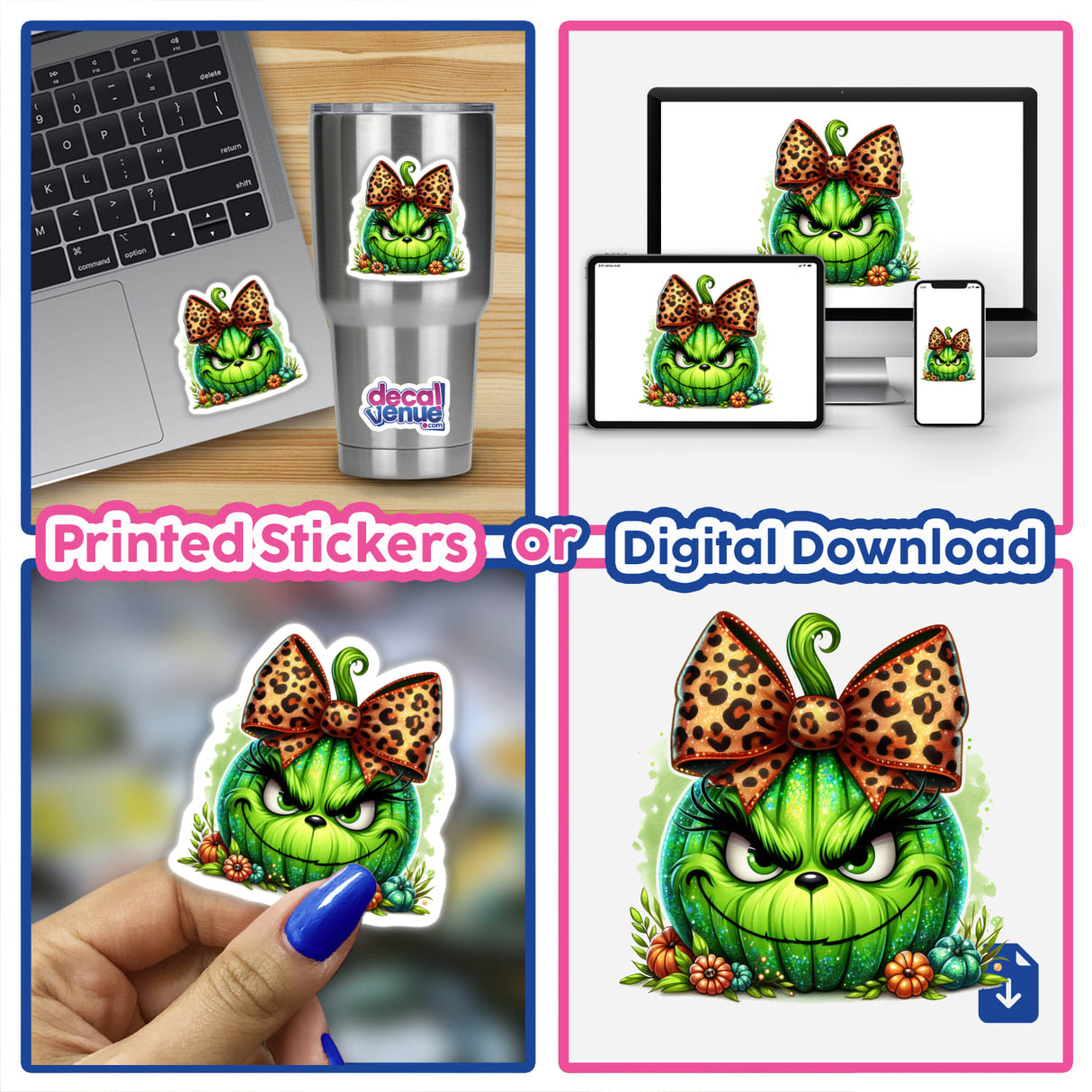 Vibrant digital artwork featuring a green pumpkin with a leopard print bow and a whimsical, mischievous expression, available as printed stickers or a digital download.