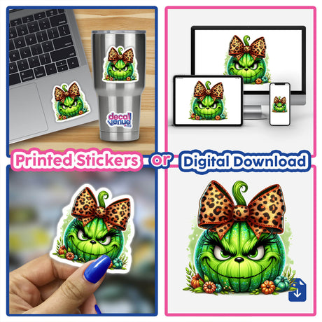 Vibrant digital artwork featuring a green pumpkin with a leopard print bow and a whimsical, mischievous expression, available as printed stickers or a digital download.