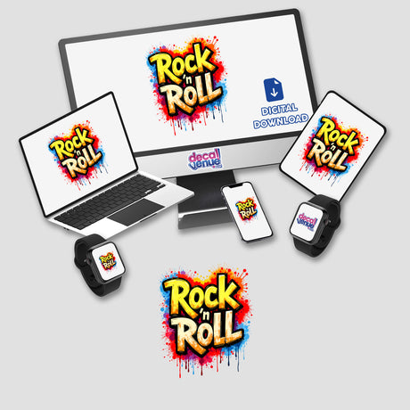 Rock 'n Roll Graffiti Art on a laptop screen featuring a music band logo, available as stickers or digital artwork, surrounded by a monitor, mouse, keyboard, and smartphone.