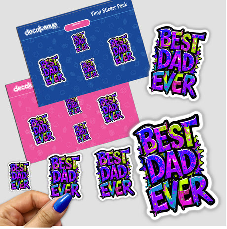 Sticker pack featuring the vibrant text Best Dad Ever, showcasing colorful graphic designs suitable for decor or gifting, available as physical stickers or digital artwork from Decal Venue.