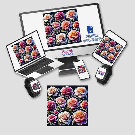 Beautiful Lush Roses design displayed on a computer monitor and laptop, showcasing vibrant floral imagery. Available as stickers or digital artwork, reflecting Decal Venue's unique vinyl and digital art offerings.