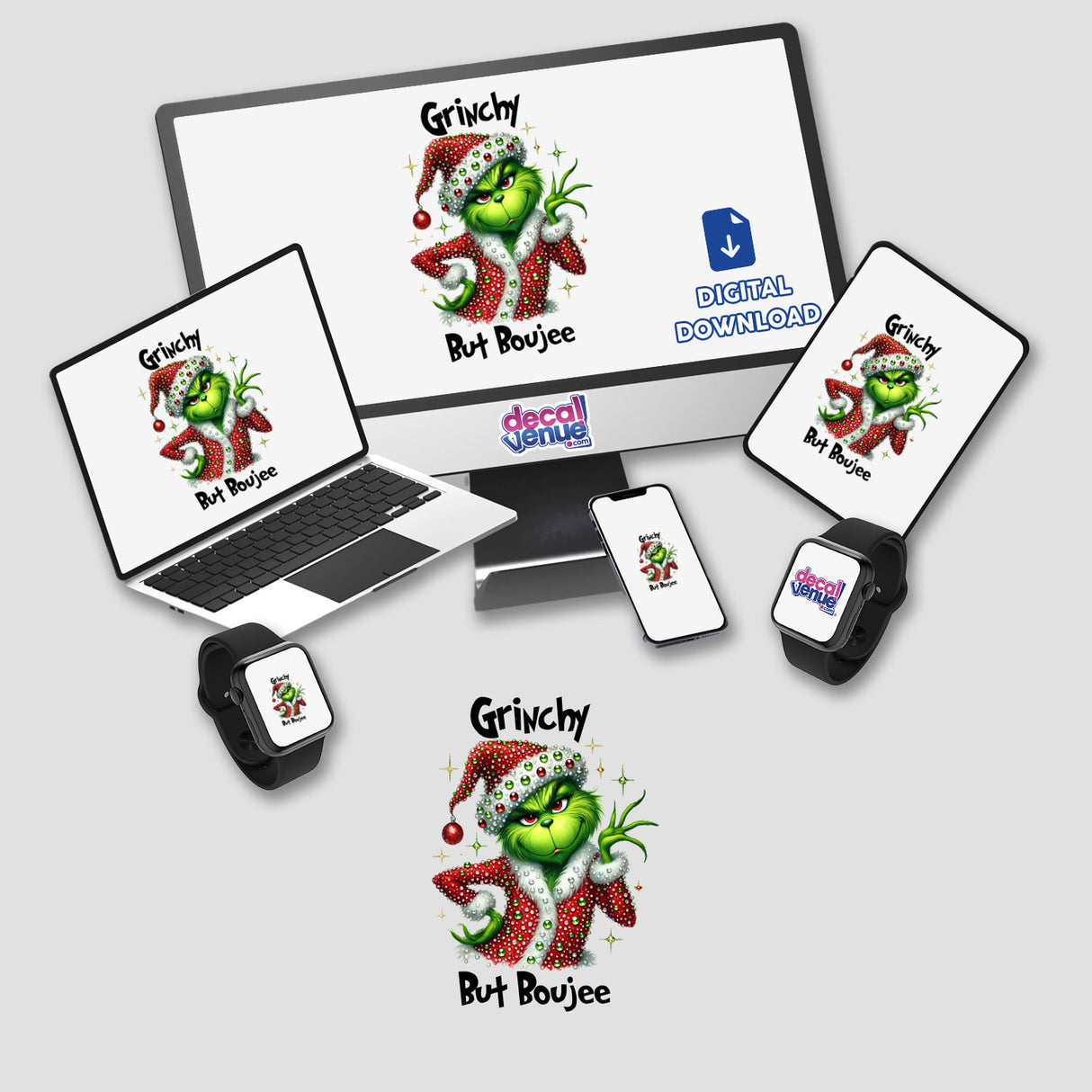 Grinchy But Boujee Christmas Rhinestone Santa Green Grouch design displayed on a laptop, monitor, tablet, and smartwatch, available as stickers or digital artwork from Decal Venue.