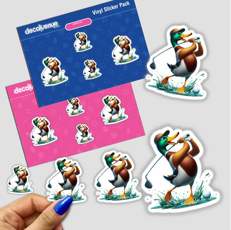 Silly Face Mallard Duck Golfer sticker depicting a cartoon duck holding a golf club, mid-swing, with playful expressions. Available as stickers or digital artwork.