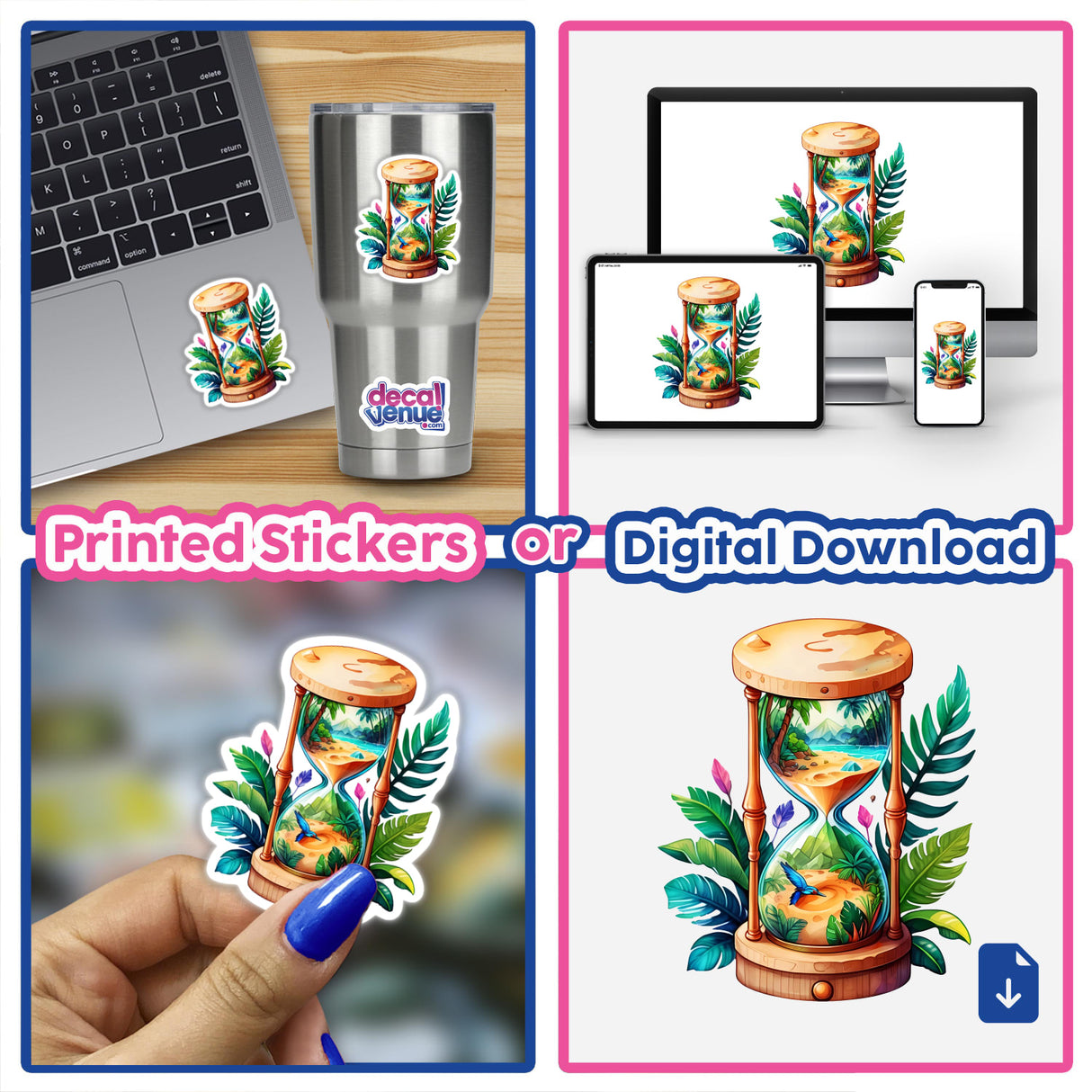 Tropical Hourglass Sticker showcasing sand, palms, and colorful ocean art on a laptop, embodying Decal Venue's unique sticker and digital art offerings.