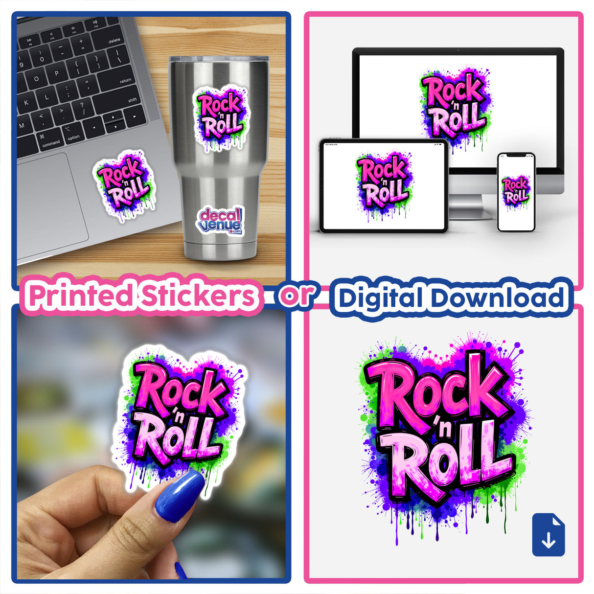 Collage featuring Rock 'n Roll Graffiti Art with laptop stickers and digital artwork, including a colorful heart and paint splatter design, available from Decal Venue.