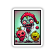 Zombiefruit Christmas sticker featuring a cartoon zombie with a red hat and strawberries among cartoon fruits and ornaments, available as stickers or digital artwork from Decal Venue.