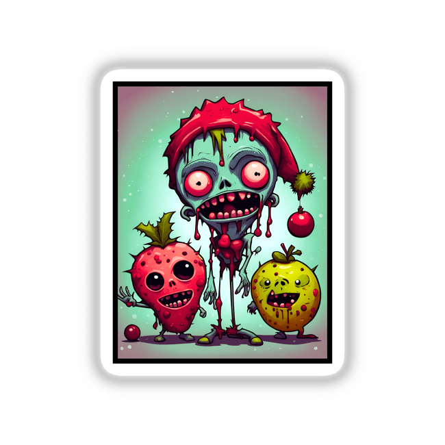 Zombiefruit Christmas sticker featuring a cartoon zombie with a red hat and strawberries among cartoon fruits and ornaments, available as stickers or digital artwork from Decal Venue.