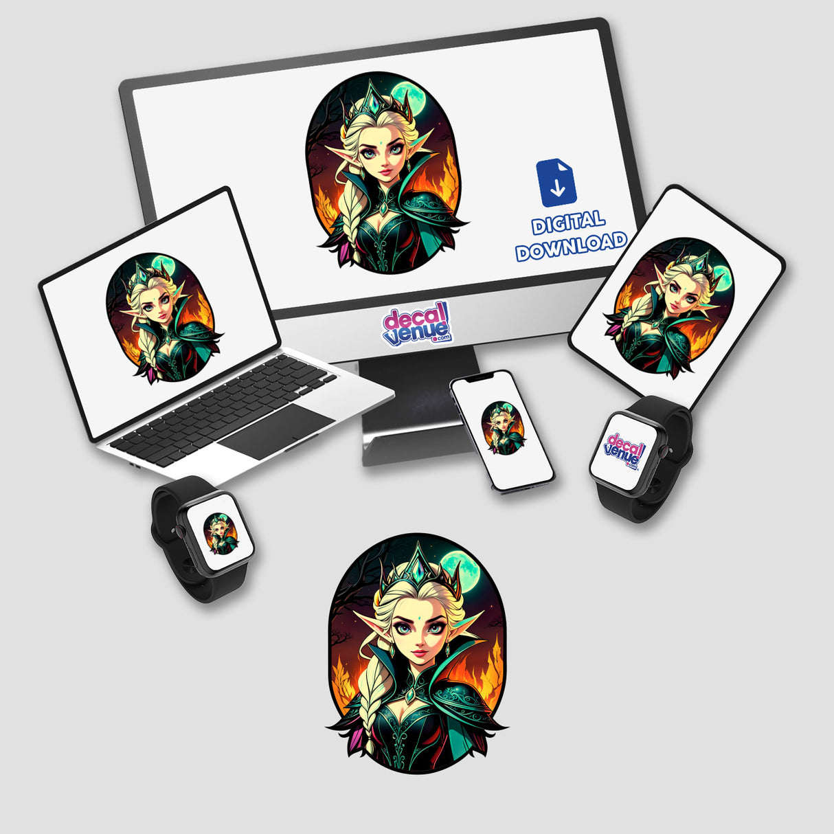 An Evil Queen Anime Girl cartoon displayed on a laptop and computer screen, available as stickers or digital artwork from Decal Venue.