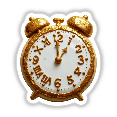 Alarm Clock Shaped Cookie with Gold Hands resembling a classic gold and white alarm clock, offered as stickers or digital artwork.