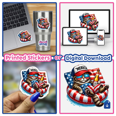 Patriotic cat floating on American flag-themed swim ring, available as printed stickers or digital download from Decal Venue, an online store offering unique stickers and digital artwork created by talented designers.