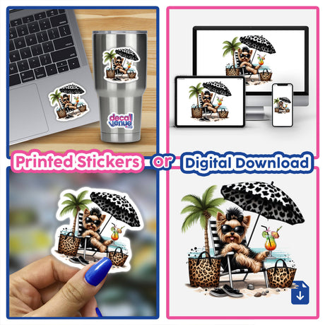 Everything Leopard Yorkie Beach Dog collage featuring cartoon animal stickers on a laptop and cup, highlighting a Yorkie with an umbrella and palm tree. Available as stickers or digital artwork.