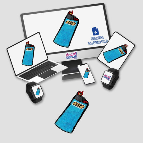 Lit-themed digital artwork displayed on a computer monitor and laptop, featuring a lighter graphic prominently on the screens. Available as unique stickers or digital art from Decal Venue.