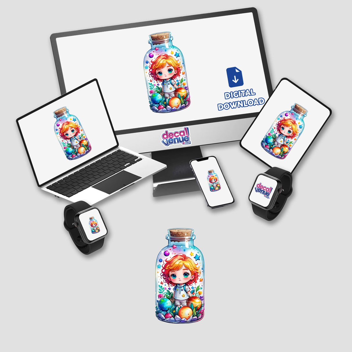 Adorable Chibi Girl in a Glass Bottle Surrounded by Stars and Planets displayed on a computer monitor and laptop, available as unique stickers or digital artwork from Decal Venue.