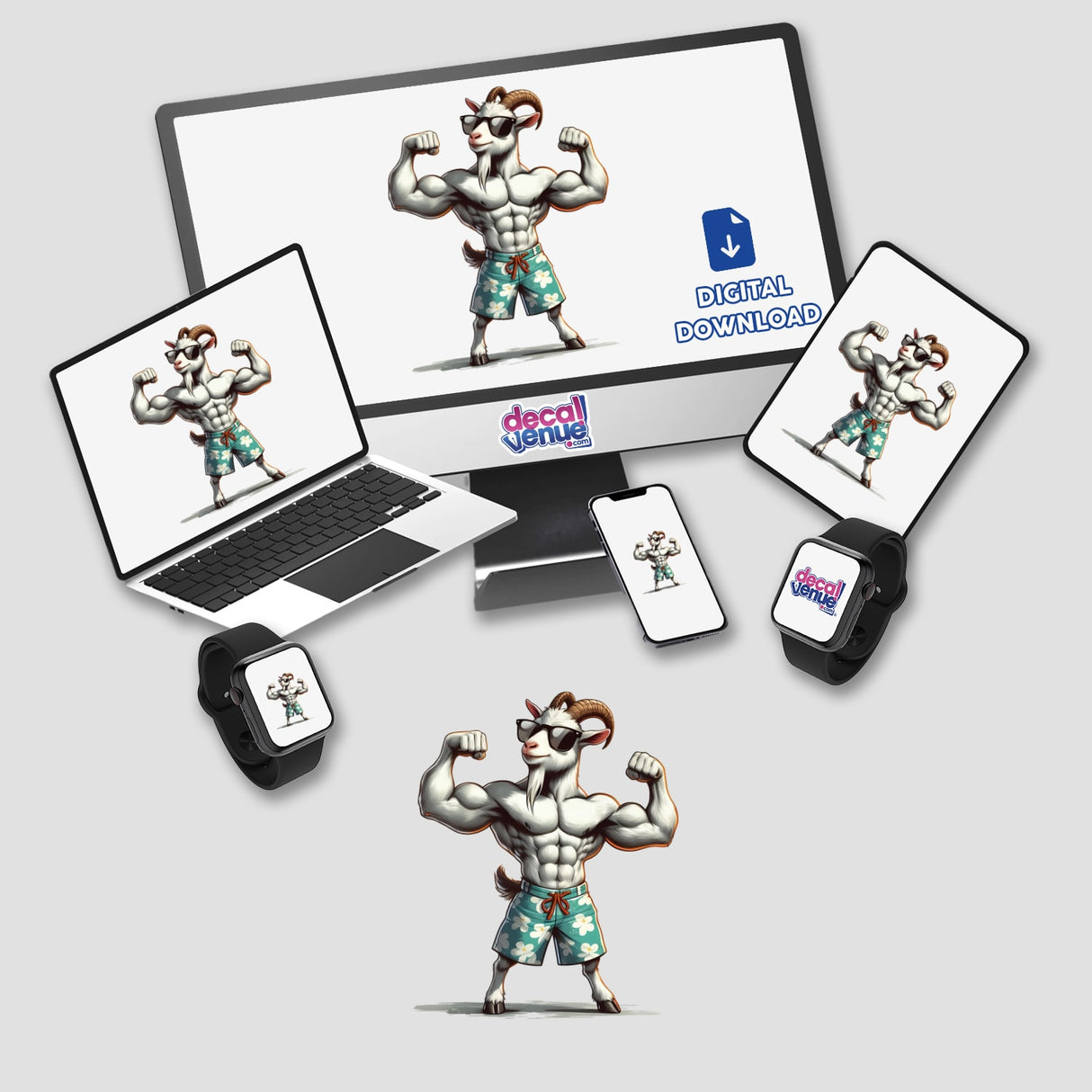 The Muscular Goat cartoon, featuring a flexing goat in sunglasses, displayed on a laptop screen, available as stickers or digital artwork from Decal Venue.