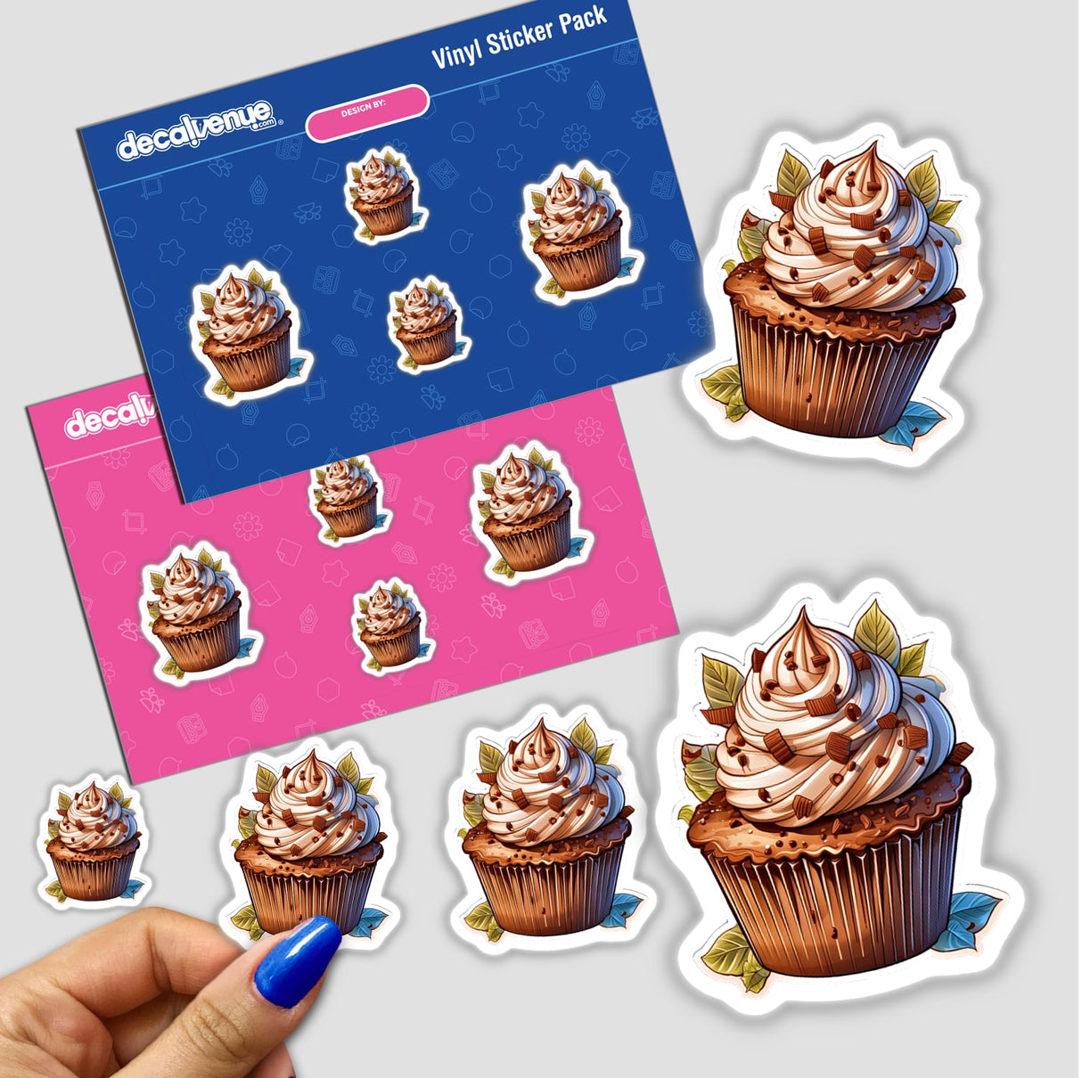 Detailed vinyl stickers of delicious chocolate cupcakes with decorative swirls and sprinkles, presented in a sleek pack for easy selection and creative expression.