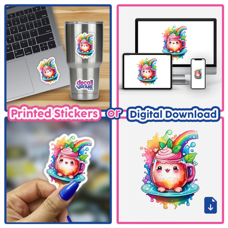 Happy Tea Time: Vibrant Rainbow Floral stickers featuring a cartoon tea cup, rainbow drink, laptop, and nail art collage. Available as stickers or digital artwork from Decal Venue.