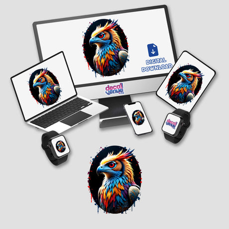 A Cool Hybrid Hawk Owl displayed on a laptop screen, showcasing vibrant digital artwork, available as stickers or digital downloads from Decal Venue.