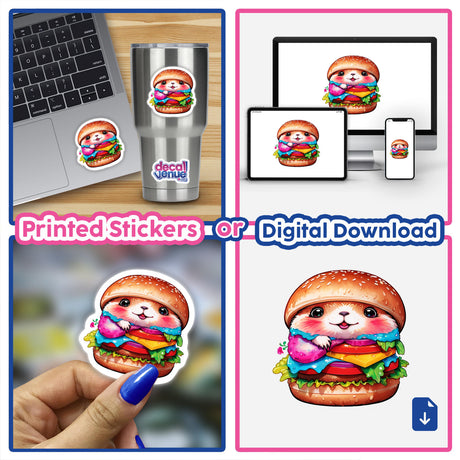 Cute Tiny Marmot Burger: Adorable and Delicious – A collage featuring a cartoon hamster inside a burger, available as stickers or digital artwork.