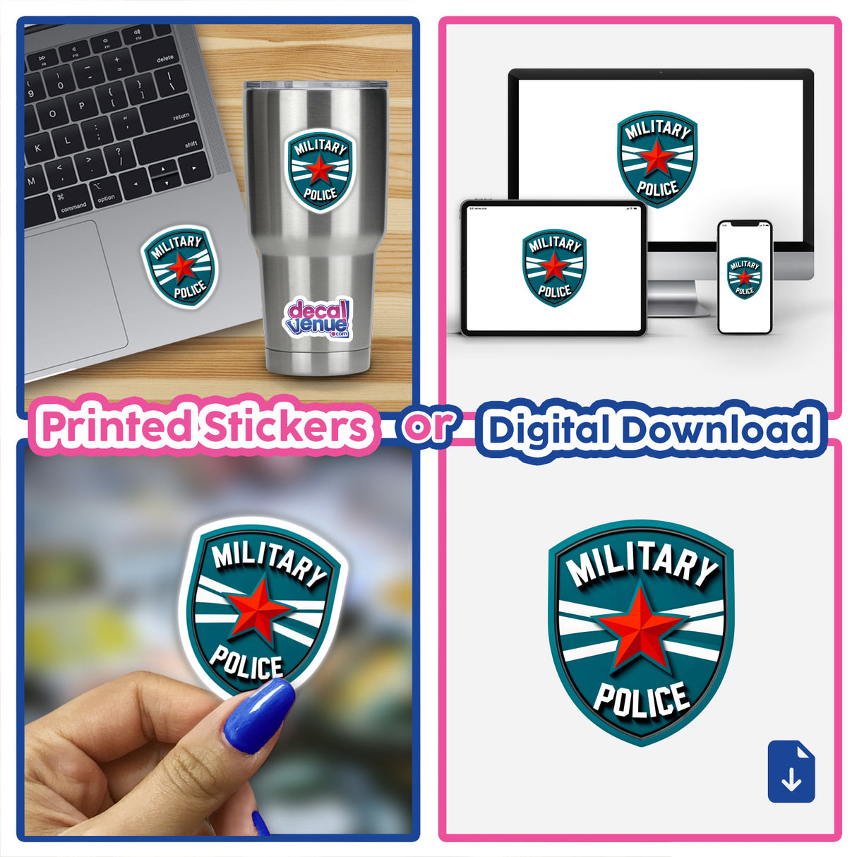 Collage featuring a laptop with a Military Police Shield Logo sticker. Available as stickers or digital artwork, emphasizing the unique design offered by Decal Venue.