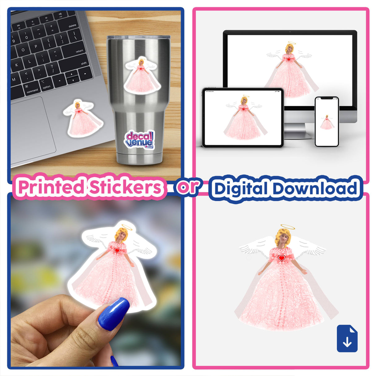 Collage of 'Pink Angel' stickers on a laptop, including a person holding a sticker of an angel, reflecting Decal Venue's unique sticker and digital art offerings.