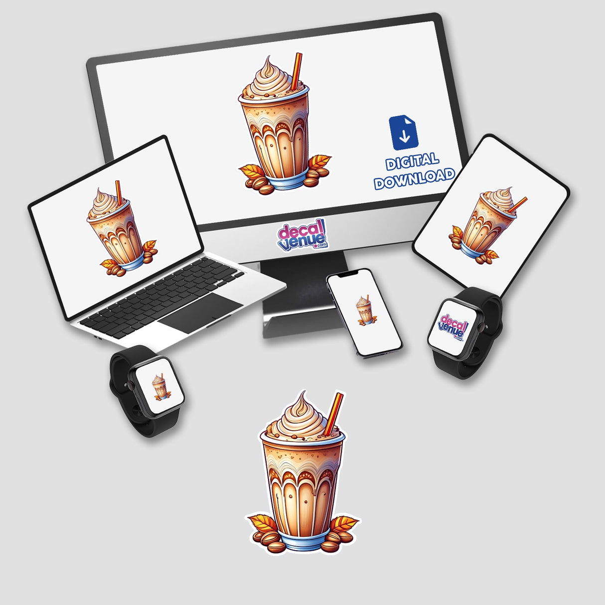 Vibrant digital artwork of a creamy frappuccino drink with whipped topping and coffee beans, displayed on various electronic devices belonging to the Decal Venue online store.