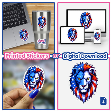 Collage of 'A Cool American Flag Lion' stickers on various surfaces, including a laptop and cup, showcasing their versatility for decoration. Available as stickers or digital artwork.