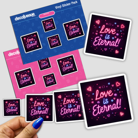 Love is Eternal Neon Glow Design sticker pack held in hand, featuring vibrant graphic elements and text, available as stickers or digital artwork.