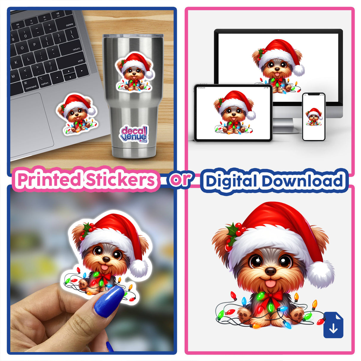 Christmas Santa Yorkie Dog in Lights sticker collage, featuring a cartoon Yorkie in a Santa hat and Christmas lights, shown on various items like a cup and laptop.