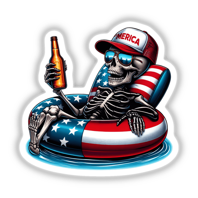 Skeleton American Flag Float Merica: A skeleton relaxing on a pool float, holding a beer bottle, with an American flag in the background. Available as stickers or digital artwork.