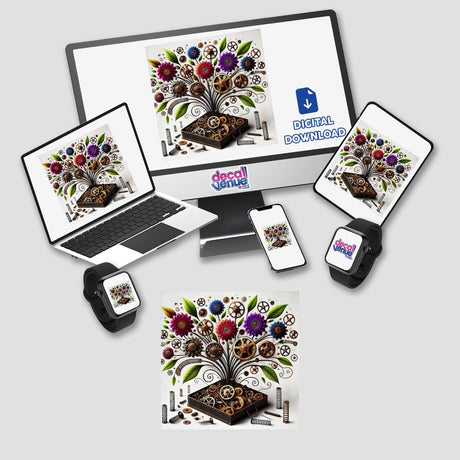 Computer monitor and laptop displaying the digital artwork Mechanical Blossom - Clockwork Flowers Growing from a Gearbox, showcasing intricate gears adorned with blooming flowers. Available as stickers or digital art.