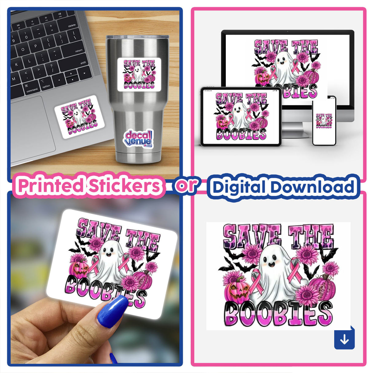 Gold Breast Cancer Series 4 stickers featuring a ghost with pink ribbons and flowers. The collage shows various stickers, including a laptop and hand holding one. Available at Decal Venue.