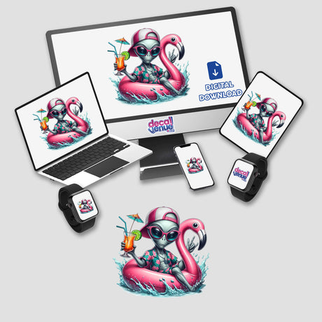 Tropical Alien Enjoying Drink on Flamingo Float depicted on a computer monitor and laptop screen, available as stickers or digital artwork from Decal Venue. Cartoon alien in sunglasses and hat enhances the playful design.