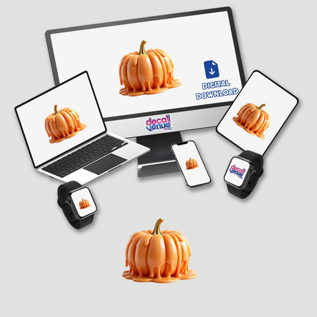 Pumpkin Dripping Candle Wax design showcased on a laptop and phone screen, available as stickers or digital artwork, highlighting unique Halloween-themed visuals from Decal Venue.