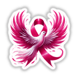 Dove Bird Pink Ribbon Breast Cancer sticker or digital artwork featuring a white bird resting on a pink ribbon detailed with floral accents, symbolizing breast cancer awareness and support.