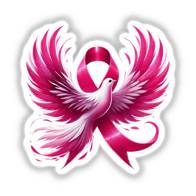 Dove Bird Pink Ribbon Breast Cancer sticker or digital artwork featuring a white bird resting on a pink ribbon detailed with floral accents, symbolizing breast cancer awareness and support.