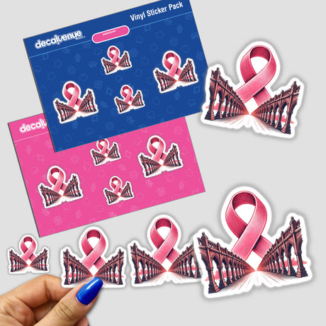 Pink Ribbon Bridge sticker featuring pink ribbons and a bridge design, ideal for DIY projects or showing solidarity.