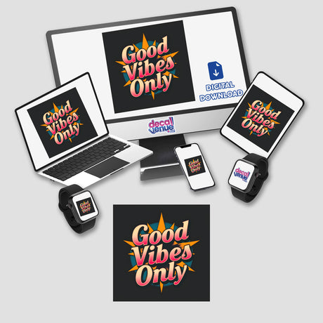 Good Vibes Only Vintage Quote Art displayed on a computer monitor and laptop screen, emphasizing its availability as stickers or digital artwork from Decal Venue, known for unique designs.