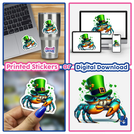 Irish Leprechaun Blue Crab sticker collage featuring a cartoon blue crab with a green leprechaun hat, shown as a decal on laptops and other surfaces. Available as stickers or digital artwork.