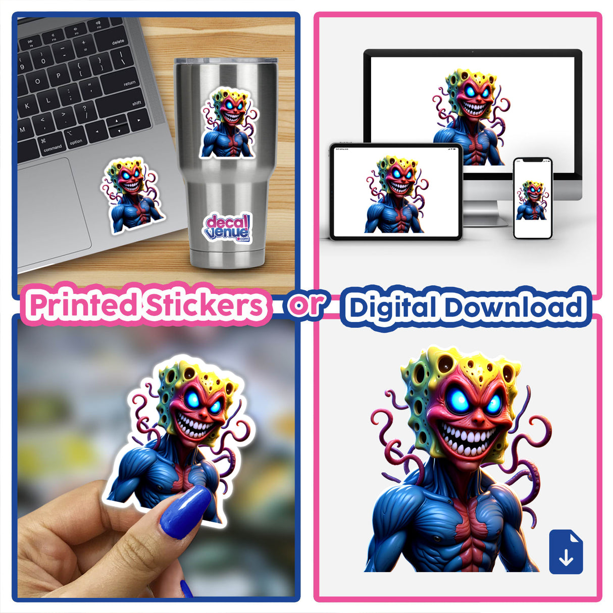 Alien Mutant Superhero Villain stickers and digital art collage featuring cartoon characters with large mouths, colorful faces, and tentacles, highlighting the unique designs available at Decal Venue.